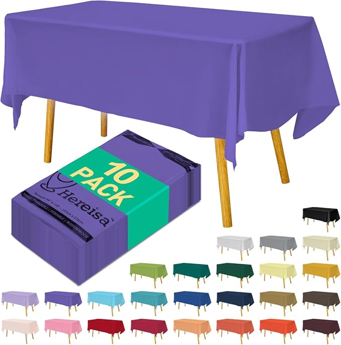 Disposable Purple Plastic Tablecloth 54x108 Inch, 10-Count Waterproof Rectangle Table Cover for Events, Catering