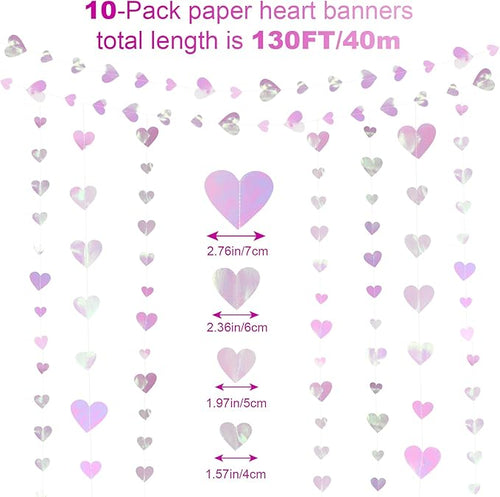 10 Pack 130ft Pink Holographic Heart Party Garland Asymmetrical Love Hanging Banners for Mothers Day Baby Shower Engagement Wedding Bridal Shower Decoration