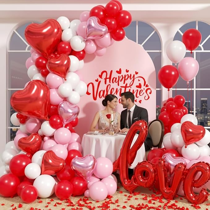 Valentines Day Balloons Garland Arch Kit - 161Pcs Different Size Red Pink White Balloons with Heart and LOVE Foil Balloon for Valentine's Day Galentine's Day Anniversary Party Decorations