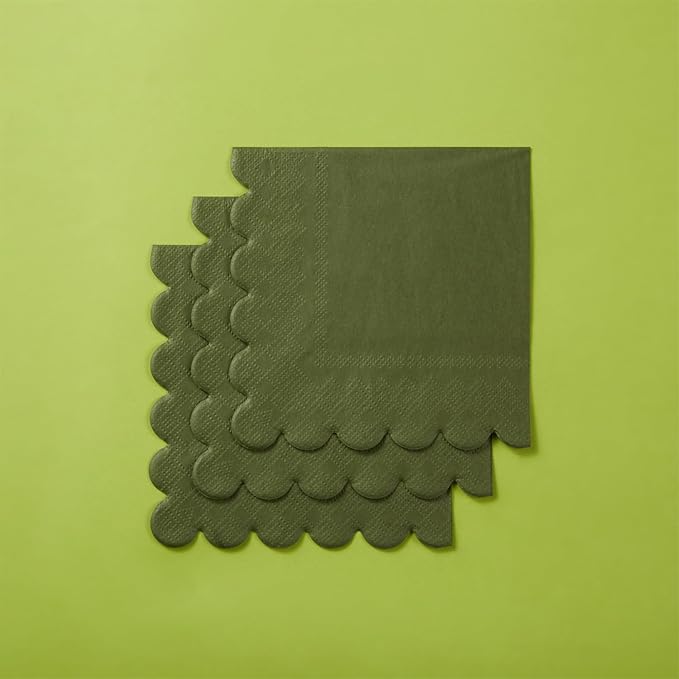 100 Pack Cocktail Napkin 2-Ply Scalloped Edged Dessert Napkins Folded 5 x 5 Inches Disposable Napkins for Dinner Wedding Birthday Party Bridal Anniversary Reception Event (Green)