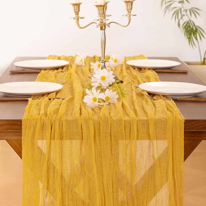 Socomi 3pcs Gold Yellow Easter Spring Cheesecloth Table Runner Boho Rustic Gauze 120 inch 10FT Cheese Cloth Runner for Wedding Party Baby Shower Birthday Home Decor Holiday Decorations