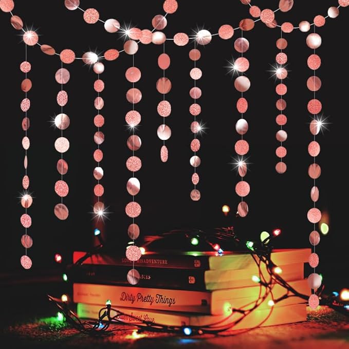 Shining Rose Gold Circle Dots Hanging Garland Sparkling Streamer Glitter Bunting Banner Backdrop for Wedding Baby Shower Birthday Xmas Decor 40 Feet