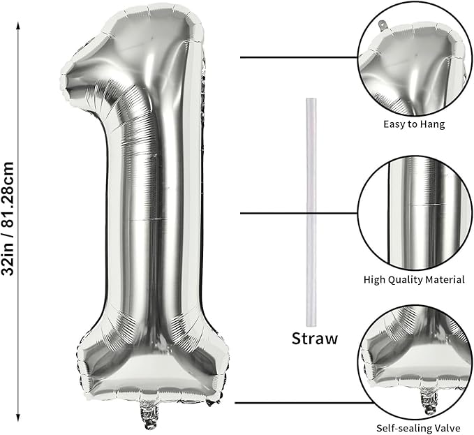 32 In Silver Large Numbers Balloons 0-9, Self Inflating Number 1 Balloons for Boys Girls, Big Silver Digit 1 Balloons for Women Men Birthday Party Anniversary Wedding Supplies Decorations