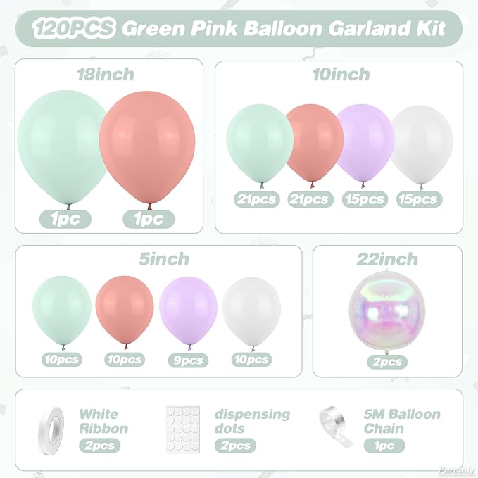 Green Pink Balloon Garland, 120pcs Macaron Green Purple Dusty Pink Kit with Iridescent 4d Foil Balloon Different Sizes For Girl Woman Spring Garden Theme Birthday Baby Shower Party Wedding Decoration