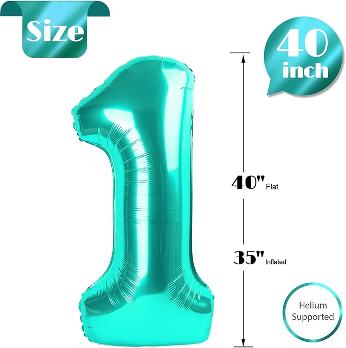 Teal Number 1 Balloon for First Birthday 40 Inch, 1st One Number Balloons Birthday Decorations for Girl Boy Toddler Baby