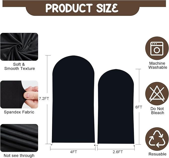 Set of 2 Arch Backdrop Covers - 6.6FT, 5FT Black Spandex Fitted Wedding Arch Stand Covers Round Top Chiara Stretchy Arch Backdrop Cover for Wedding Birthday Party Decoration