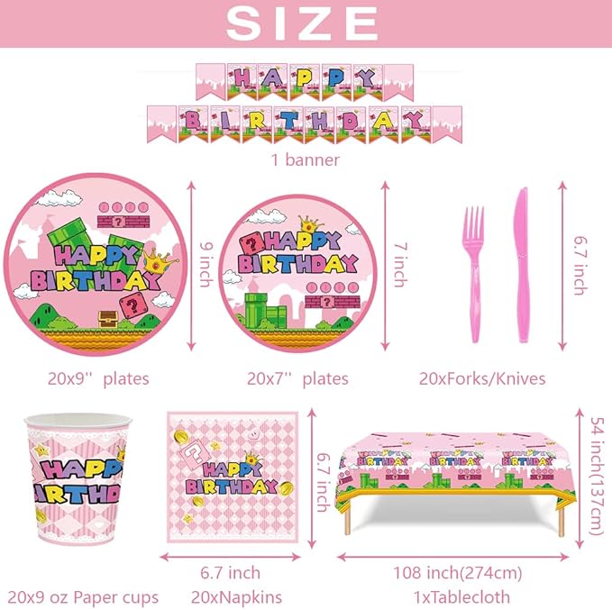 122Pcs Super Bros Peach Party Disposable Tableware Supplies Girls Princess Birthday Table Decoration Kit for 20-Guests Includes Banner, Tableloth, Plates, Cups, Napkins, Forks and Knives