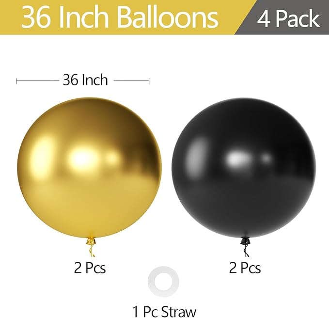 KALOR Metallic Gold and Black Giant Balloons 36 Inch Large Latex Balloons, 4 Pack Jumbo Round Helium Balloon for Birthday Bridal Shower Wedding Baby Shower Party Decorations