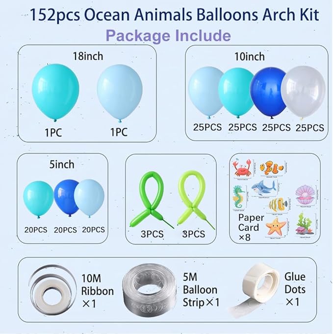 Under the Sea Balloons Arch Kit, 152PCS Ocean Balloon Garland Kit With Different Sea Animals Stickers for Ocean Theme Party Decorations