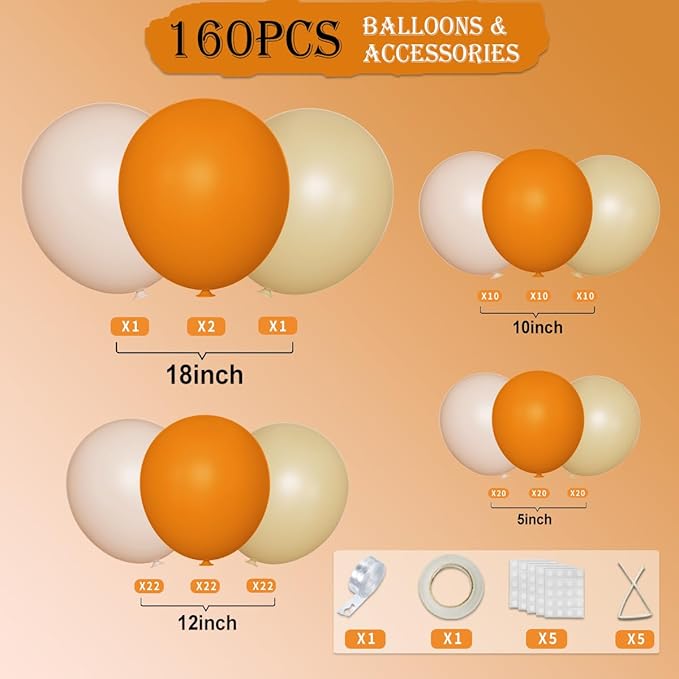 Fall Balloon Garland Arch Kit, 160Pcs Boho Burnt Orange Pastel Brown Pale Orange Balloons for Birthday, Baby Bridal Shower, Wedding Party Decorations