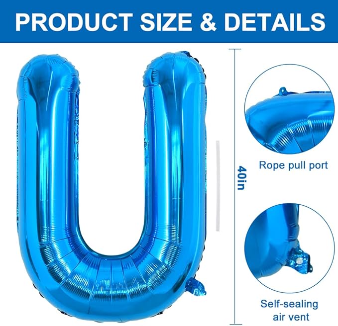 TONIFUL 40 Inch Large Blue Letter U Balloon - Giant Alphabet Foil Mylar for 2026 Graduation Birthday Party, Anniversary, New Year, Graduation Supplies Decorations