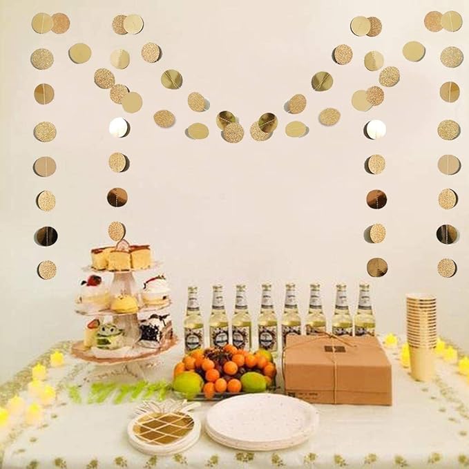 Shining Gold Circle Dots Hanging Garland Sparkling Gold Circle Dots Hanging Streamer Glitter Bunting Banner Backdrop for Wedding Baby Shower Birthday Xmas Decor 40 Feet