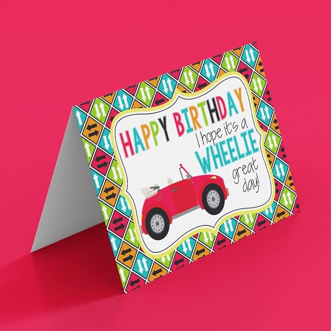 WHEELIE Great Car Birthday Pun Themed Single (1) All Occasion Blank Birthday Card To Send To Friends & Family, 4"x 6" (when folded) Fill In Greeting Note Card by AmandaCreation