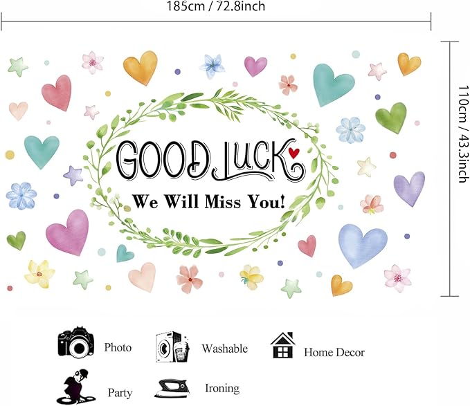 Colorful Good Luck We Will Miss You Backdrop Banner Photography Background for Retirement Farewell Going Away Leaving Coworker Goodbye Graduation Theme Party Decoration Supplies 72.8 * 43.3in