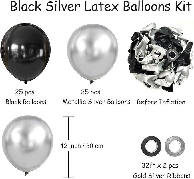Black and Metallic Silver Balloons, 50PCS Black and Silver Balloons Party Decorations 12 Inch Black Silver Party Balloons for Birthday,Graduation,New Years,Wedding,Engagement Party Decorations