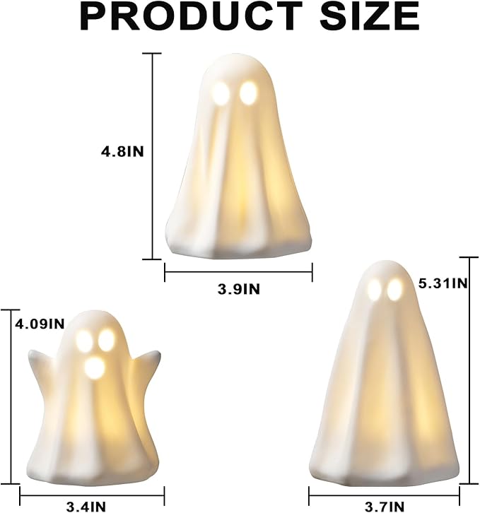 [Timer]Light Up Ghost Halloween Decor, 3 Pack Ceramic Halloween Ghost Decorations Indoor, Ceramic White Ghost Figurines Ghost Statue Cute Ghost Sculpture Spooky Halloween Decor for Home Table Tray