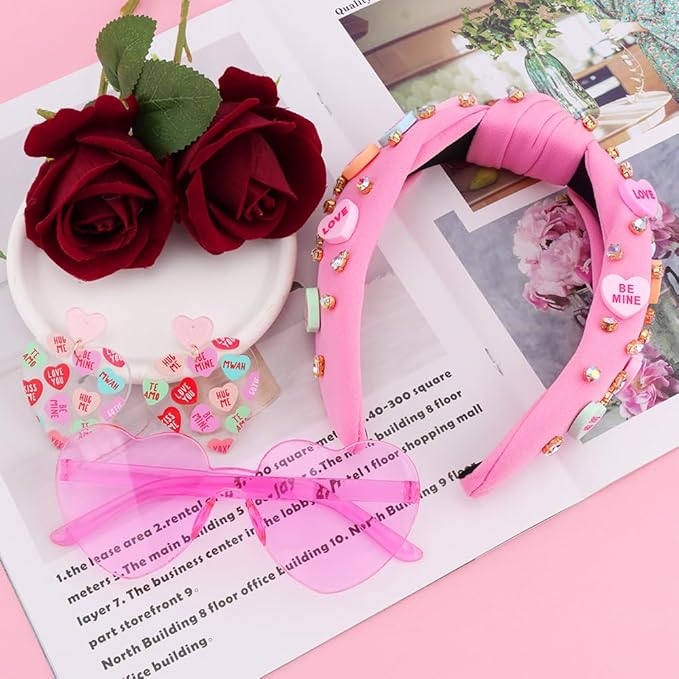 Valentines Day Headband for Women,4Pcs Pink Valentines Day Knotted Conversation Heart Headbands Earrings and Sunglasses Set for Women,Valentines Outfits Hair Accessories Gifts for Her
