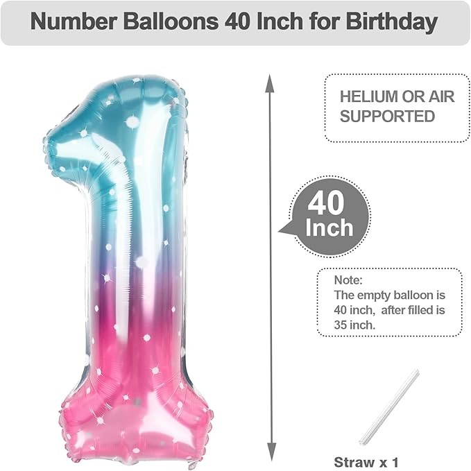 Number One Balloon 40 Inch, Pink Blue Purple Balloons for Birthday Party Decoration, Foil Number 1 Ballon for 1, 10, 11, 12, 13, 21, 100 Celebration, Birthday, Baby Shower, Anniversary Decor