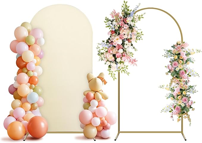 Arch Backdrop Stand and Cover Set, Metal Balloon Arch Backdrop 7.2ft, Gold Arched Stand Frame for Wedding, Parties,Birthday, Backdrop Decorations (Beige,7.2ft)