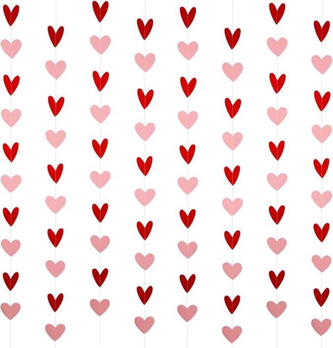 8 Pack Valentines Day Heart Garland Red and Pink, Valentine's Day Hanging Heart Garland Hanging Heart Valentines Garland Decorations for Happy Valentine's Day Party Decorations (NO DIY)