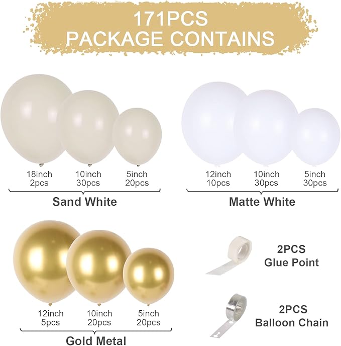 White Gold Balloon Garland Kit - 171pcs White and Gold Latex Balloons Arch Kit, White Gold Balloon Wall for Birthday Baby Shower,Wedding Bridal,Graduation,First Communion Baptism Party Decorations