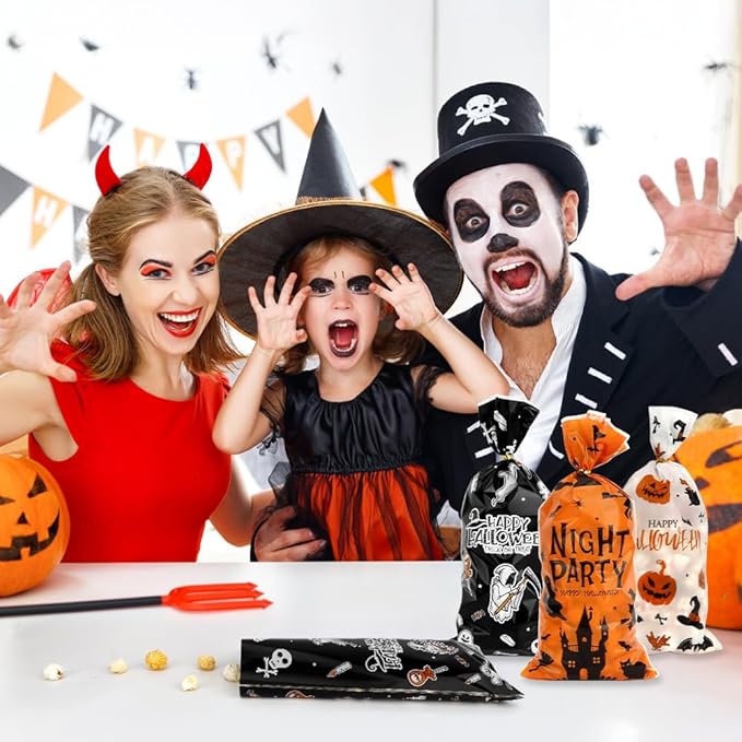 100 PCS Halloween Treat Bags(5x11 Inch) with Tie, Plastic Halloween Bags for Candy Goodie Goody Cookie Gift Wrap Night Party Favors Supplies Decorations Ghost Witch Castle Pumpkin Cellophane Pouch
