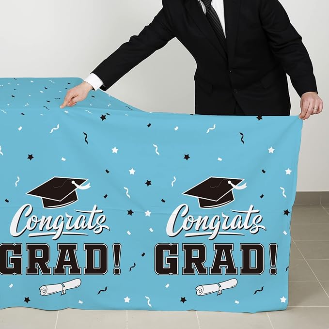 Gatherfun Graduation Party Decorations, Gongrats Grad Tablecover for Graduation Party Supplies, 3 pcs Sky Blue Table Cloths, 54"x108"