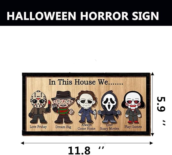 In This House We Horror Halloween, 2 Layered Frame Wood Sign, Halloween Signs, Wall Hanging Scary Decorations, Haunted Party, Spooky Movie Characters decor for Indoor Outdoor Wall Desk (STAND)