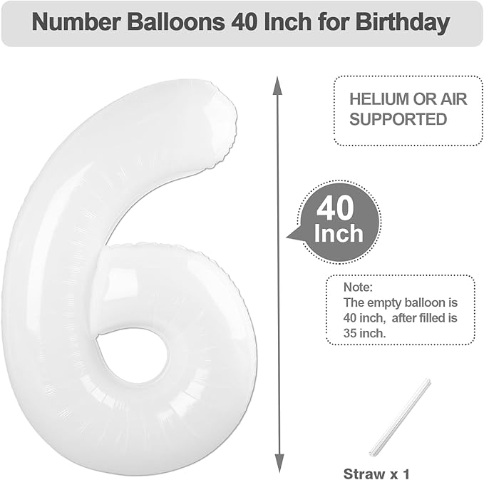 6 Number Balloon, 40 Inch 6 Balloon for Birthday Girl Boy, White Balloons for 6, 16, 26, 60, 2026 Graduation, Birthday, Wedding Anniversary, Xmas, Party Supplies
