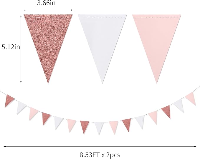 Pink-White Rose-Gold Party Decorations Banner - 2 Pack Valentines Mothers Day Engagement Baby Bridal Shower Paper Pennant Triangle Flags,Girl Birthday Bachelorette Wedding Bunting Lasting Surprise
