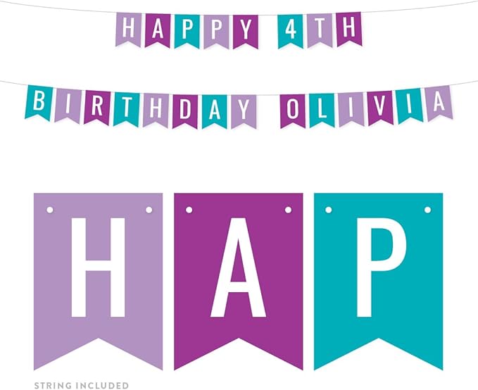 Andaz Press Personalized Hanging Pennant Banner Party Decorations, Lavender, Purple, Aqua, Happy 4th Birthday Olivia, 1-Pack, Approx. 5-Feet, Custom Name and Number, Mermaid Theme