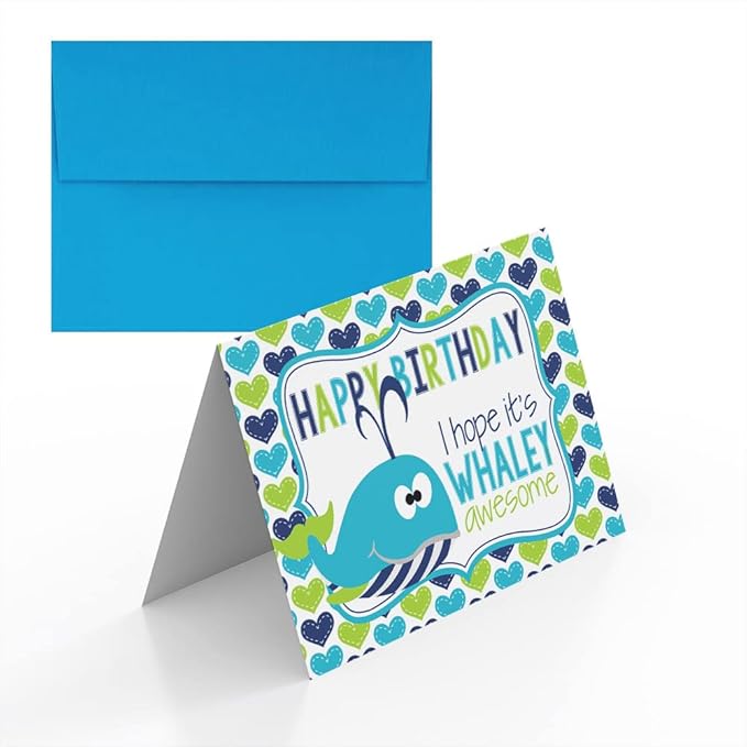 WHALEY Awesome Whale Themed Birthday Pun Themed Single (1) All Occasion Blank Birthday Card To Send To Friends & Family, 4"x 6" (when folded) Fill In Greeting Note Card by AmandaCreation