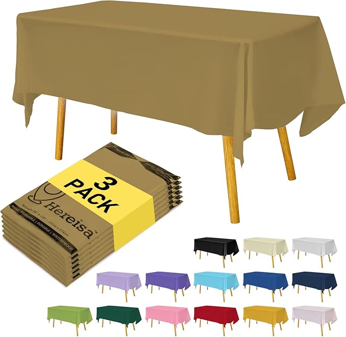 Plastic Gold Tablecloths 3 Pack Disposable Table Covers 54 x 108 Inch Golden Table Cloths for Fall Parties Harvest Graduations Anniversary Thanksgivings Weddings