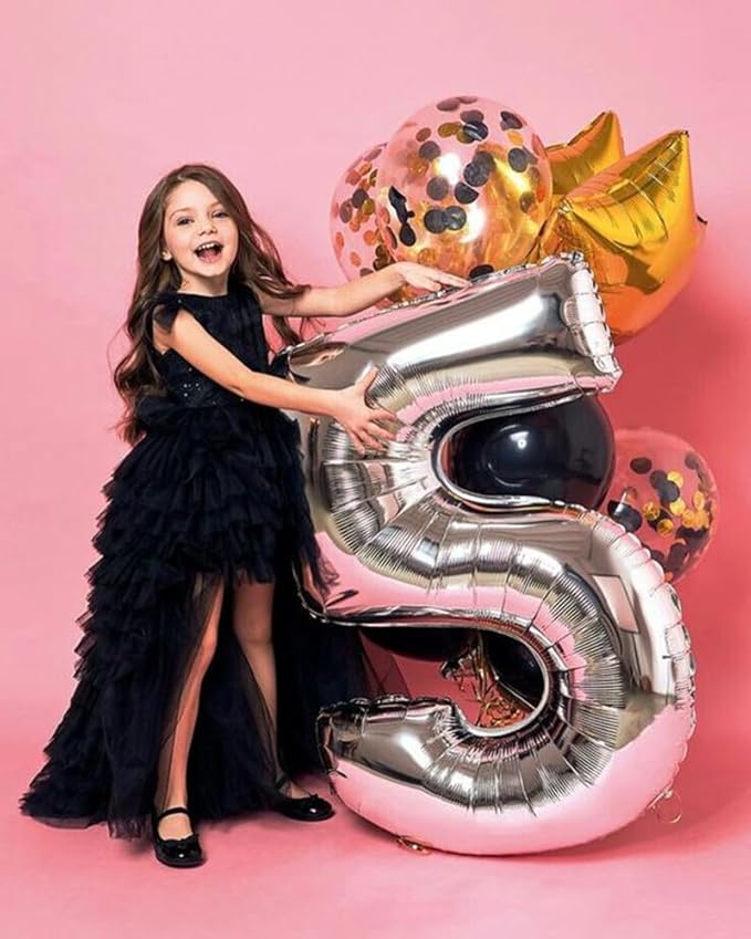 Balloon Numbers 40 Inch 5 Ballon for 5th Birthday Decorations, 15 25 35 50 Big Silver Number Balloons for Wedding Photo Shoot Party Decor