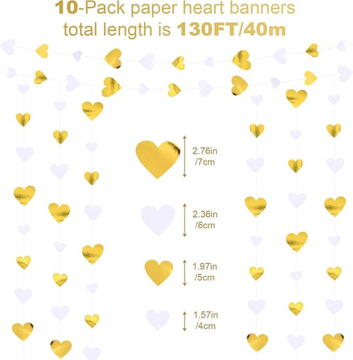 10 Pack 130ft White-Gold Holographic Heart Party Garland Asymmetrical Love Hanging Banners for Wedding Engagement Anniversary Bachelorette Bridal Shower Birthday Decoration