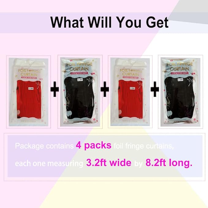 Red and Black Party Decorations- 4 Pack of 3.2x8.2ft Foil Fringe Curtains for Graduation Party Decorations Birthday Backdrop Decorations