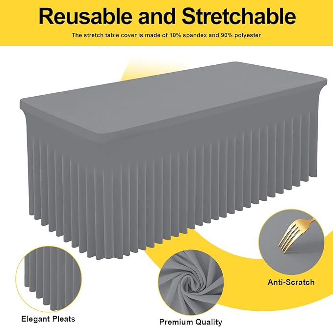 Smiry Spandex Tablecloth 2 Pack, Elastic Fitted Stretch Tablecloth for 6FT Rectangle Tables, Waterproof Washable Table Cover Skirt for Outdoor, Wedding, Banquet & Parties (Grey, 72Lx30Wx30H Inch)