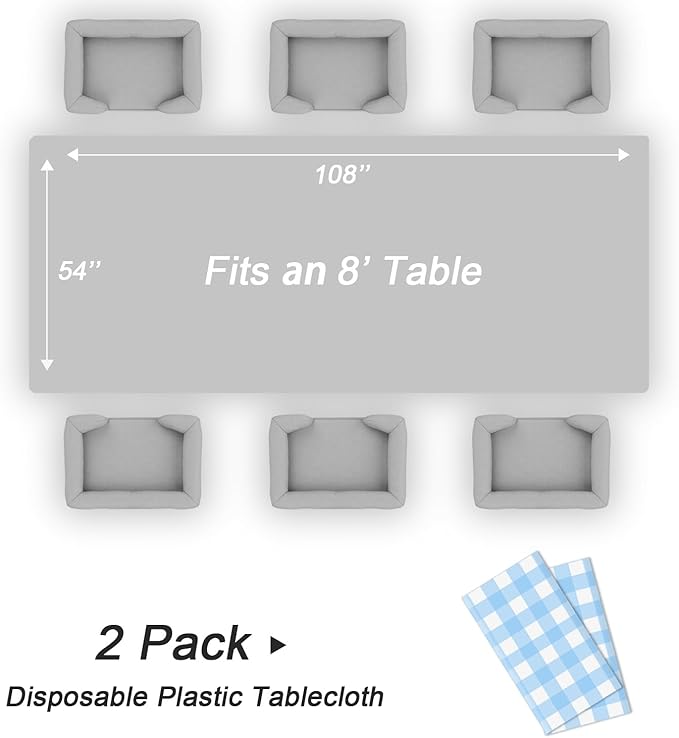 QIKSION Light Blue Gingham Tablecloth Disposable 2 Pack, 54 x 108 Inch Blue and White Checkered Table Cloth for Baby Shower, Easter Decorations, Birthday Party, Rectangle, Plastic Table Cover