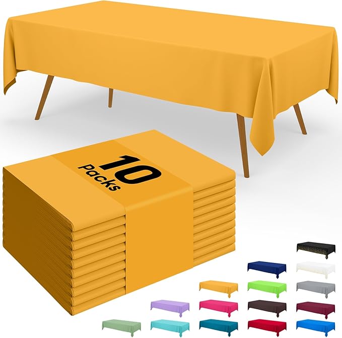 Smiry Disposable Table Cloth - 10 Pack, 54 x 108 Inch Waterproof Rectangle Tablecloths for Parties, Decorative Plastic Table Cover, Leakproof & Sturdy, Mustard Yellow
