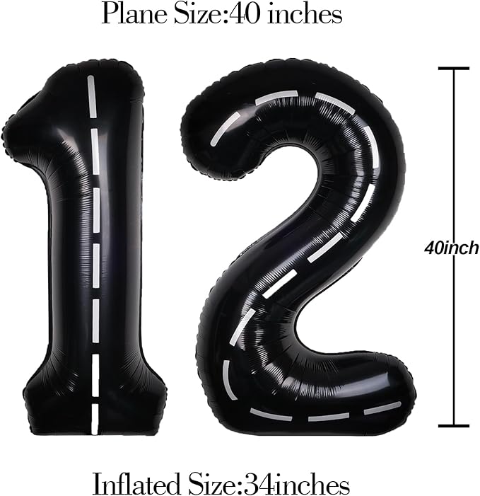 Race Car 40Inch Black 12 Balloon Number Large Helium Race Track 0-9 Giant Digital 12th Foil Mylar Big Party Number Balloons for Boy Birthday Car Theme Party Anniversary Graduation Decorations