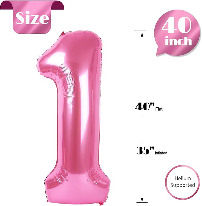 Pink Number 1 Balloon for First Birthday 40 Inch, 1st One Number Balloons Birthday Decorations for Girl Boy Toddler Baby