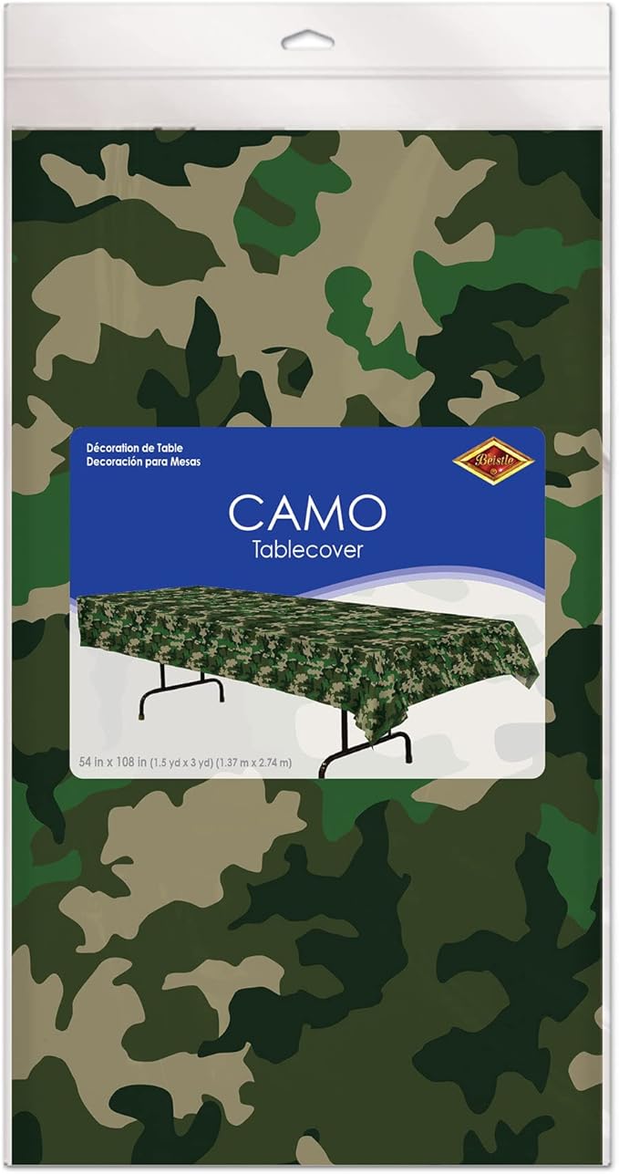 Beistle Camouflage Plastic Tablecover, Rectangular Camo Tablecloth for Military-Themed Birthdays, Camping Parties, Hunting Events, and Outdoor Celebration Decorations, 54” x 108”