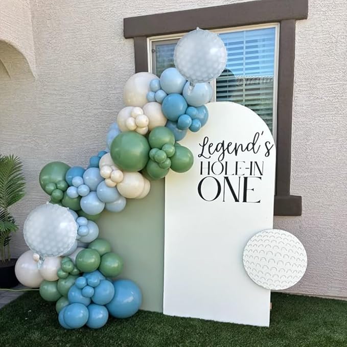 Hole in One Balloon Garland Arch 125Pcs Golf Party Decorstions Sage Green Dusty Blue Balloons with Golf Club Foil Balloon for Golf-Themed Party Decorations Baby Shower Supplies