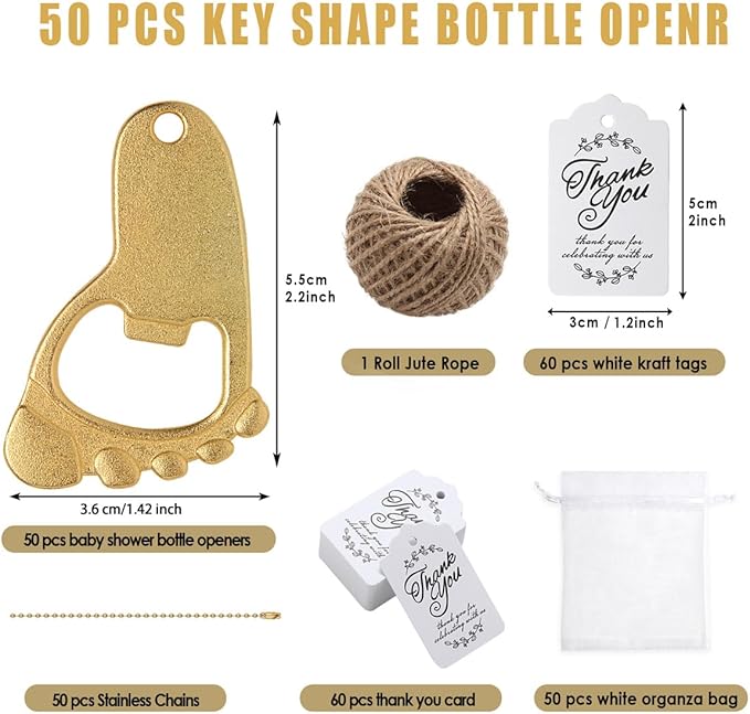 50pcs Baby Footprint Keychains & Bottle Opener Party Favors with Organza Bag (Gold)