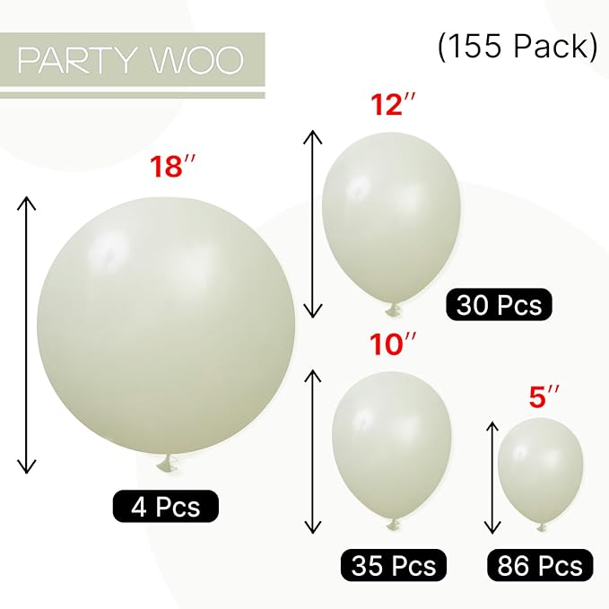 PartyWoo Sage Green Balloons 155pcs Different Sizes of 18 12 10 5 Inch Dusty Boho Green Latex Balloon Arch Kit for Wedding Birthday Dinosaur Jungle Golf Football Theme Party Decorations Green-F32