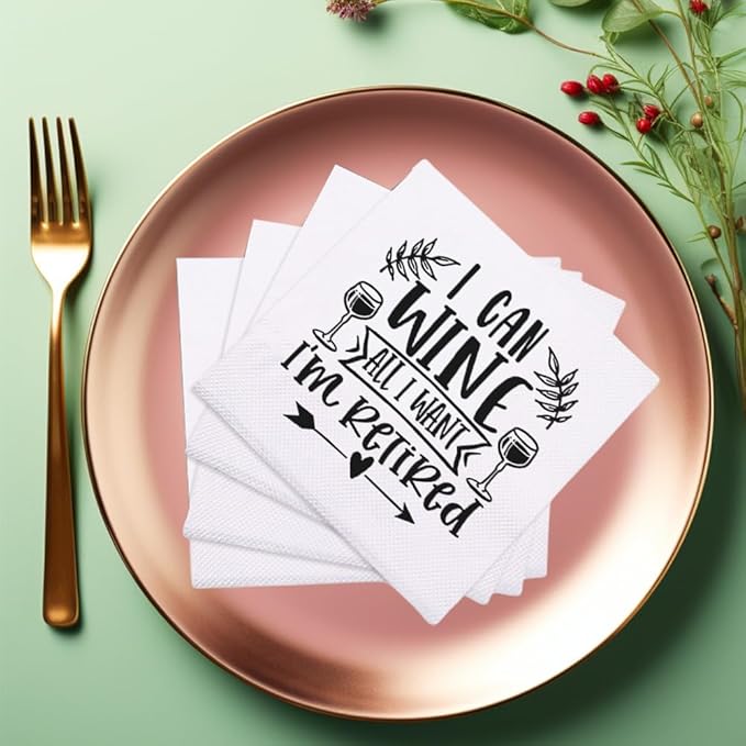 Retirement Cocktail Napkins Party Napkins Beverage Napkins Bar Napkins Disposable Paper Novelty Humorous Gag Gift 100Pcs 4.5 x 4.5 21-ply (I Can Wine All I Want I'm Retired)