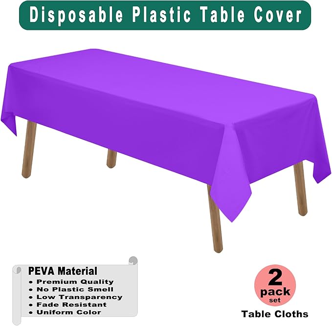 Purple Plastic Tablecloths 2 Pack Disposable Table Covers 54 x 108 Inch Bridal Shower Party Tablecovers PEVA Violet Table Cloths for Picnic Birthday Wedding Banquet Parties 8 ft Rectangle Table Use
