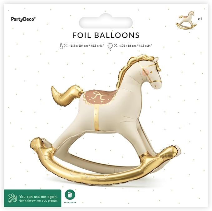 Inflatable Standing Rocking Horse Balloon PartyDeco 41.5x34 Inch, Large Horse-Shaped Air Balloons, Gold and White Foil Baby Shower Cowboy Decoration Gender Neutral Nursery or Party Decor