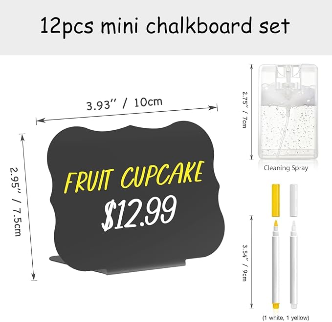 PigPotParty 12 Pcs Food Labels for Party Buffet w/Cleaning Spray, 4"x3" Mini Chalkboard Signs Include 2 Liquid Chalk Markers for Food Display - Food Tags- Table Palce Card (Waved Shape)