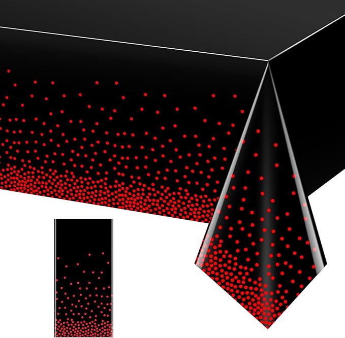 1 Pack Red and Black Dot Plastic Tablecloth, Red Stamping Dot Confetti Rectangle Plastic Disposable Table Cover for Birthday Wedding Baby Shower Engagement Anniversary Party Decorations, 54 x 108 Inch